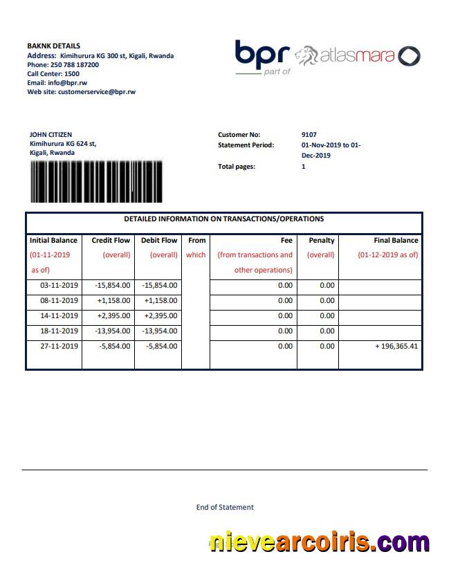 Rwanda BPR bank statement in Word and PDF format